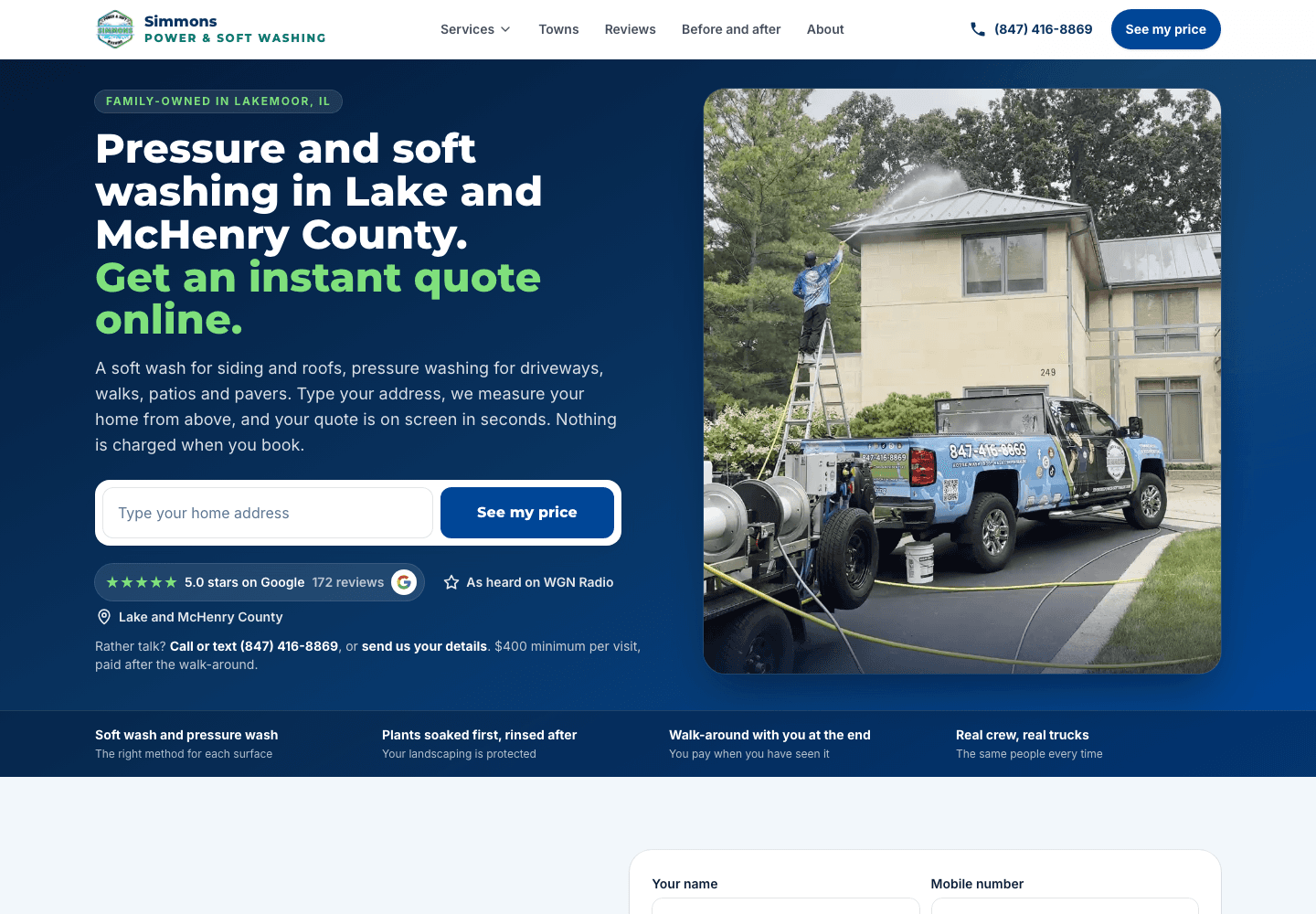 Simmons Power & Soft Washing homepage with an address box for an instant quote and the live Google rating