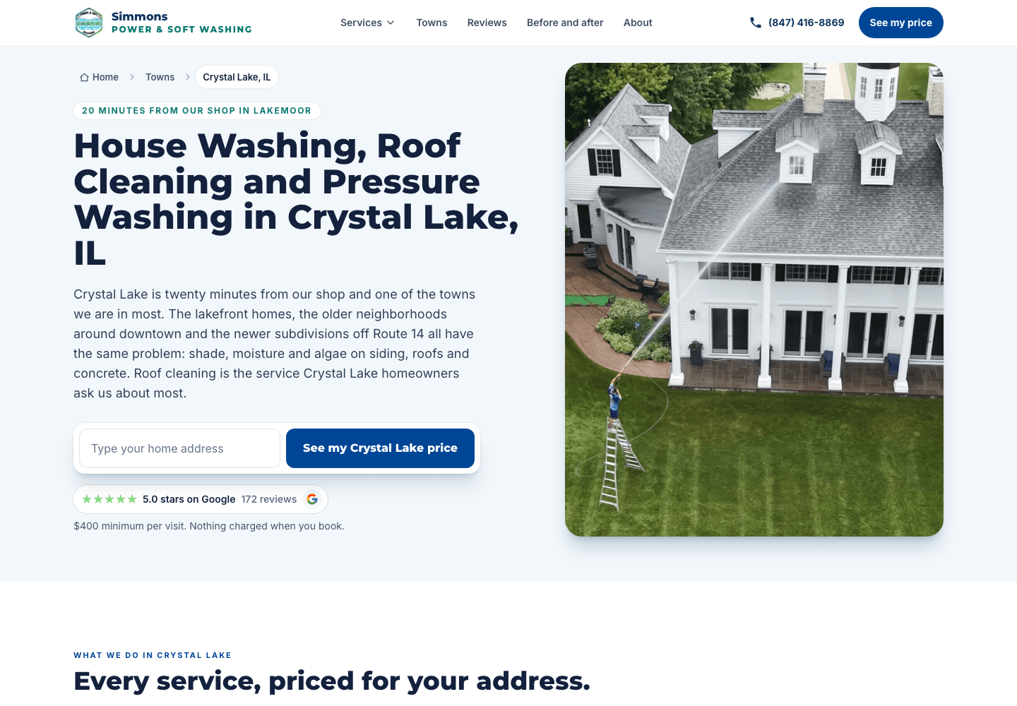 Crystal Lake town page with local copy, the address box and the live Google rating