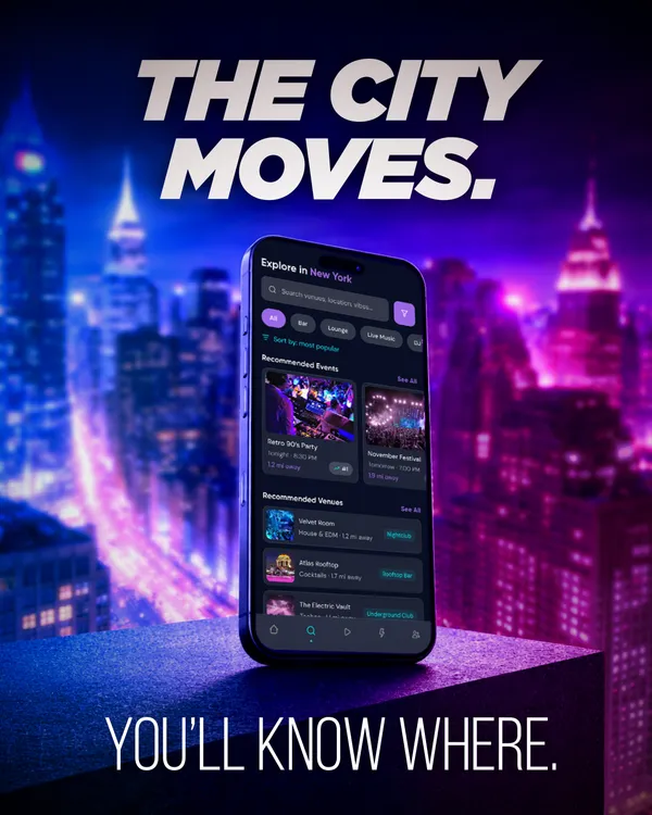 VYBE live city activity feed showing where the night is moving