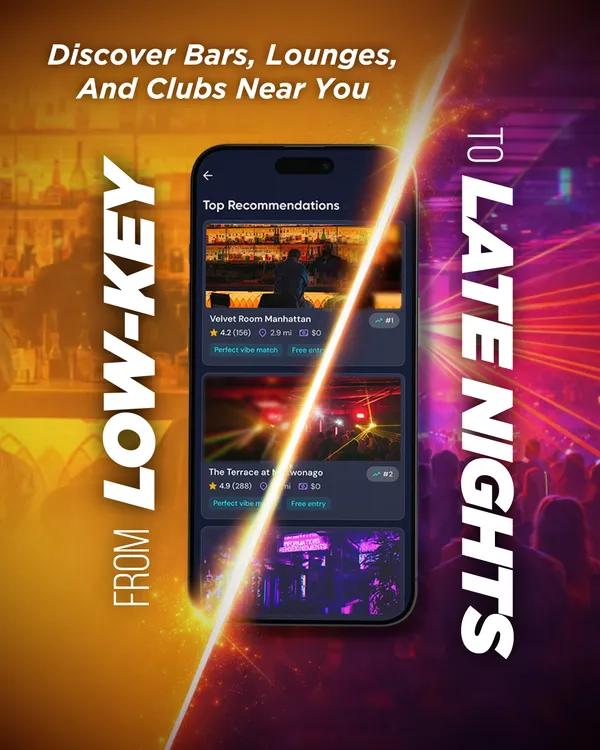VYBE discover screen showing curated nightlife events